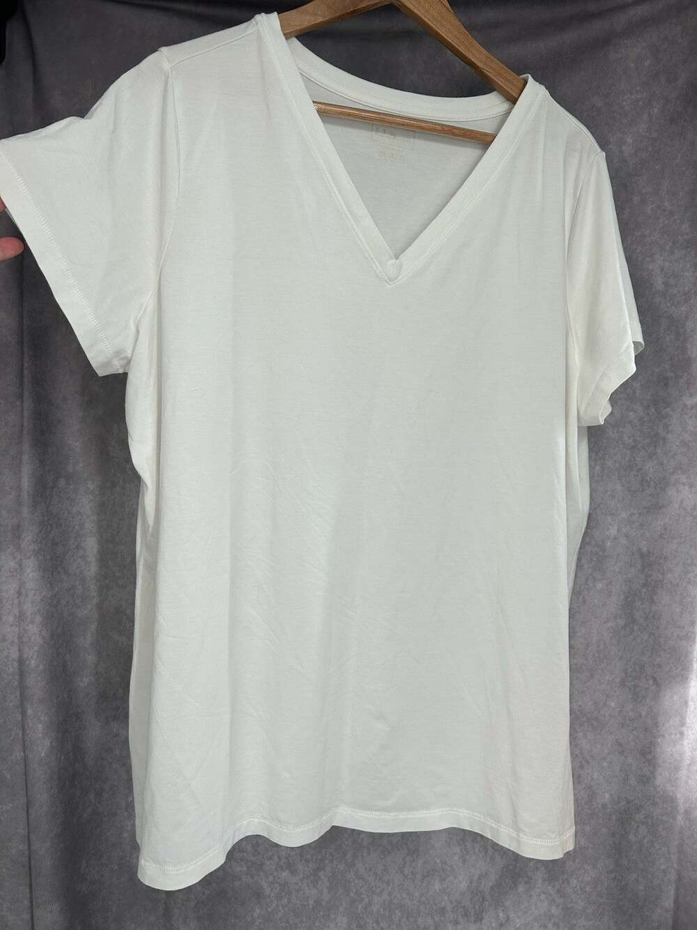 LLBean V Neck Short Sleeve Top Women 2X Plus White Slub Organic Cotton Minimal
